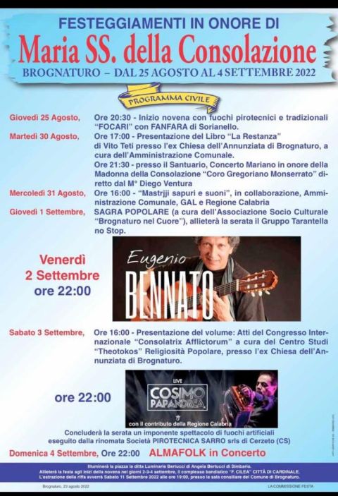 Brognaturo, Eugenio Bennato e Cosimo Papandrea in concerto per la festa di Maria SS della Consolazione