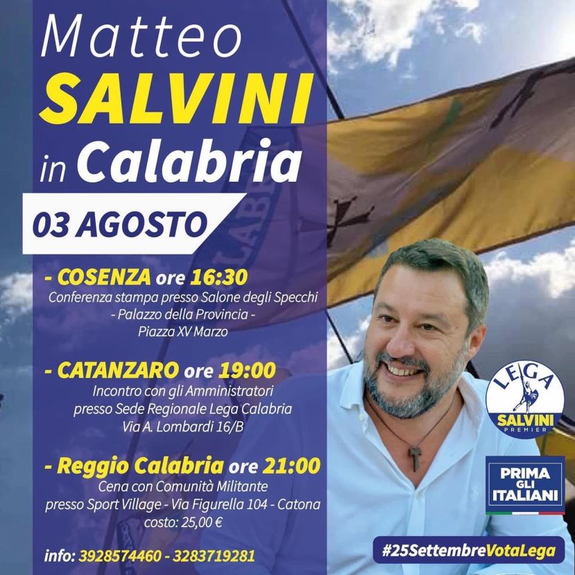 Elezioni, il 3 agosto Salvini apre la campagna elettorale in Calabria