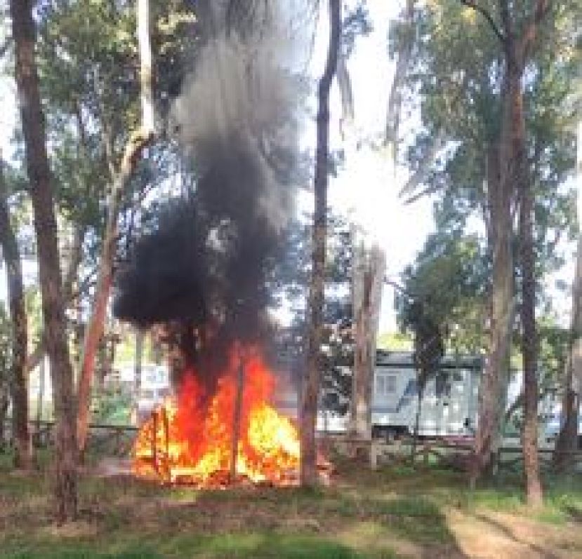 Roulotte in fiamme in una pineta, intervengono i vigili del fuoco